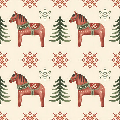 scandinavian folk, christmas pattern, dala horses, red horses, snowflakes, evergreen trees, coral red, sage green, cream background, nordic design, folk art, decorative horses, winter motifs, quilting cotton, fabric panel, geometric snowflakes, pine trees, festive pattern, repeating design, holiday fabric