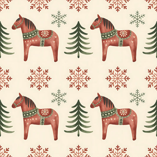 scandinavian folk, christmas pattern, dala horses, red horses, snowflakes, evergreen trees, coral red, sage green, cream background, nordic design, folk art, decorative horses, winter motifs, quilting cotton, fabric panel, geometric snowflakes, pine trees, festive pattern, repeating design, holiday fabric