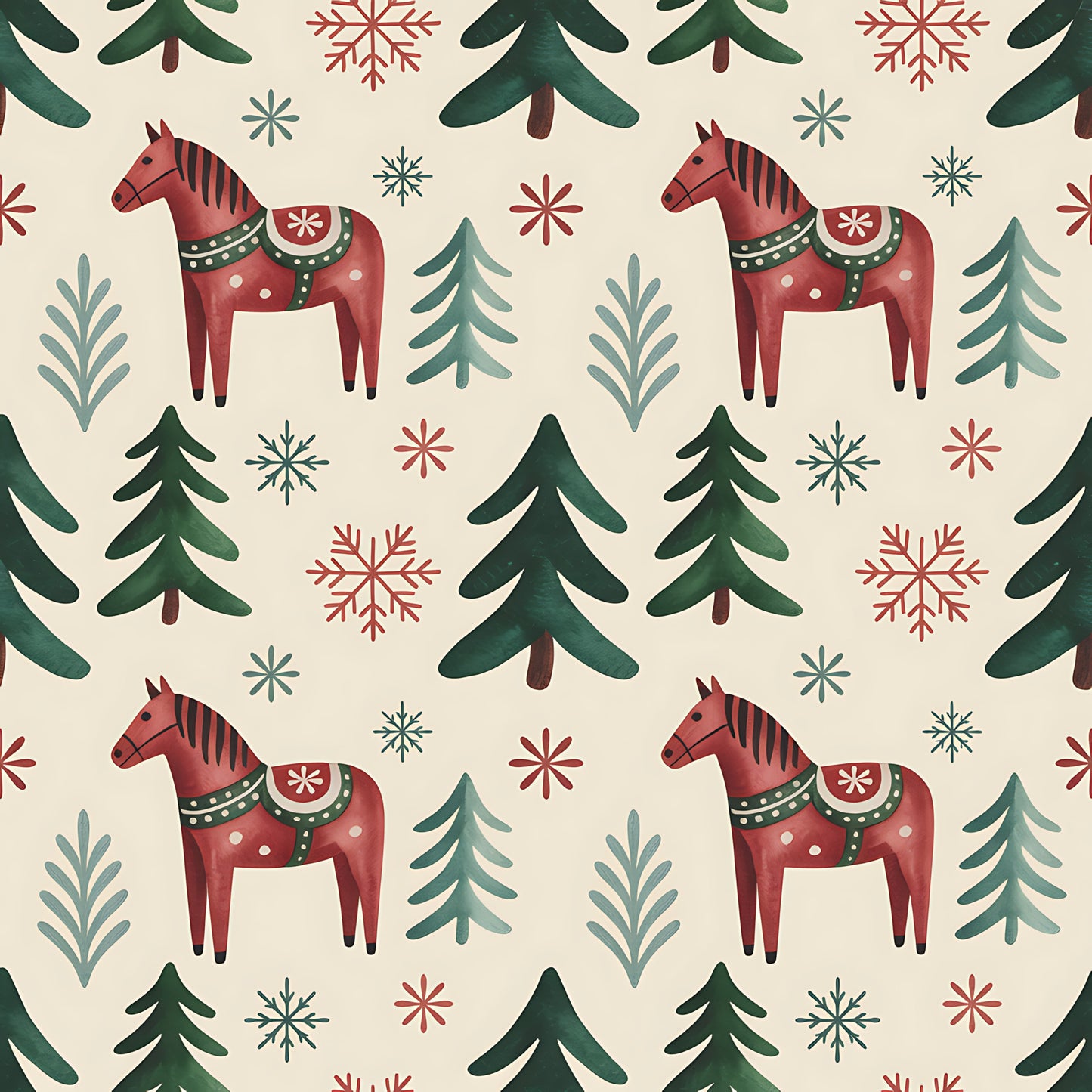 scandinavian folk, christmas pattern, quilting cotton, fabric panel, dala horses, red horses, evergreen trees, snowflakes, winter motifs, cream background, forest green, burgundy red, teal blue, folk art style, nordic design, repeating pattern, holiday fabric, winter wonderland, decorative horses, pine trees