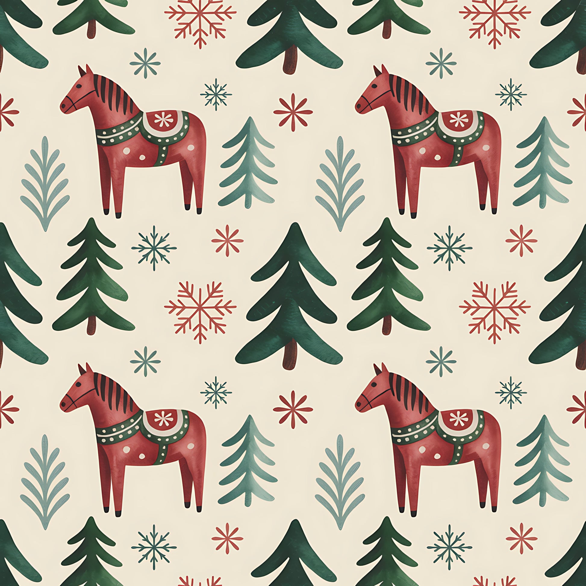 scandinavian folk, christmas pattern, quilting cotton, fabric panel, dala horses, red horses, evergreen trees, snowflakes, winter motifs, cream background, forest green, burgundy red, teal blue, folk art style, nordic design, repeating pattern, holiday fabric, winter wonderland, decorative horses, pine trees