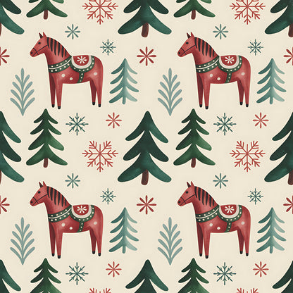 scandinavian folk, christmas pattern, quilting cotton, fabric panel, dala horses, red horses, evergreen trees, snowflakes, winter motifs, cream background, forest green, burgundy red, teal blue, folk art style, nordic design, repeating pattern, holiday fabric, winter wonderland, decorative horses, pine trees
