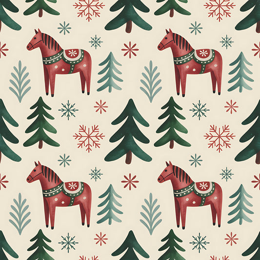 scandinavian folk, christmas pattern, quilting cotton, fabric panel, dala horses, red horses, evergreen trees, snowflakes, winter motifs, cream background, forest green, burgundy red, teal blue, folk art style, nordic design, repeating pattern, holiday fabric, winter wonderland, decorative horses, pine trees