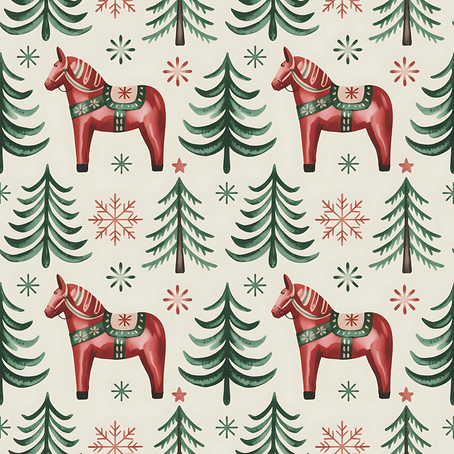 - Scandinavian Folk Christmas Pattern 6 Quilting Cotton Fabric  
- red wooden horses  
- green pine trees  
- snowflakes  
- holiday design  
- festive motifs  
- traditional Scandinavian  
- cotton quilting fabric  
- beige background  
- Christmas theme