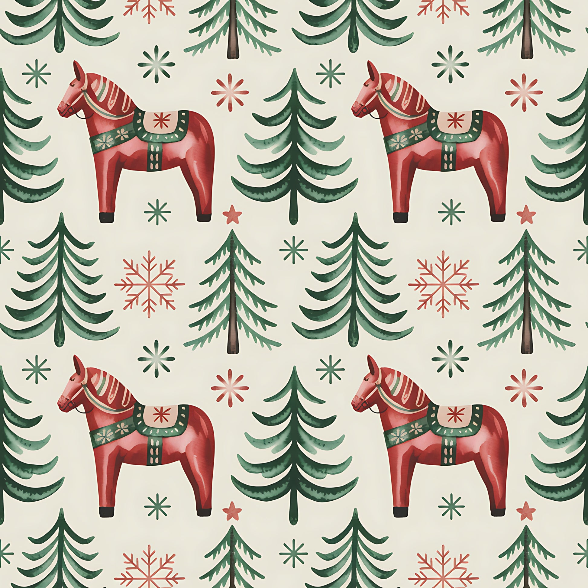 - Scandinavian Folk Christmas Pattern 6 Quilting Cotton Fabric  
- red wooden horses  
- green pine trees  
- snowflakes  
- holiday design  
- festive motifs  
- traditional Scandinavian  
- cotton quilting fabric  
- beige background  
- Christmas theme