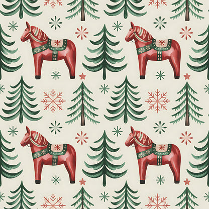 - Scandinavian Folk Christmas Pattern 6 Quilting Cotton Fabric  
- red wooden horses  
- green pine trees  
- snowflakes  
- holiday design  
- festive motifs  
- traditional Scandinavian  
- cotton quilting fabric  
- beige background  
- Christmas theme