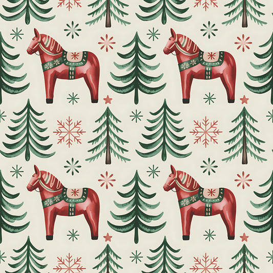red horses, dala horses, evergreen trees, pine trees, snowflakes, stars, folk art, scandinavian style, christmas pattern, winter theme, forest green, coral red, cream background, repeating pattern, quilting cotton, fabric panel, nordic design, holiday motif, decorative saddles, festive elements