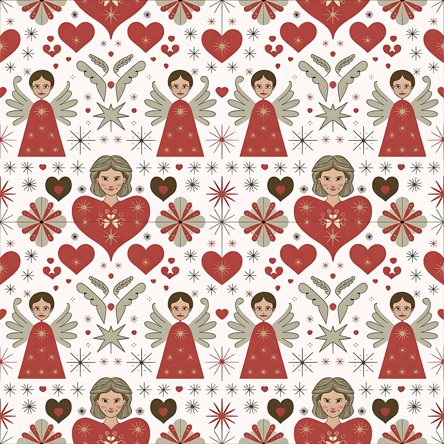 red, cream, beige, angels, hearts, stars, snowflakes, folk art, scandinavian, christmas, quilting cotton, fabric panel, geometric motifs, winged figures, starburst patterns, holiday theme, repeating pattern, festive design, winter motifs, decorative elements