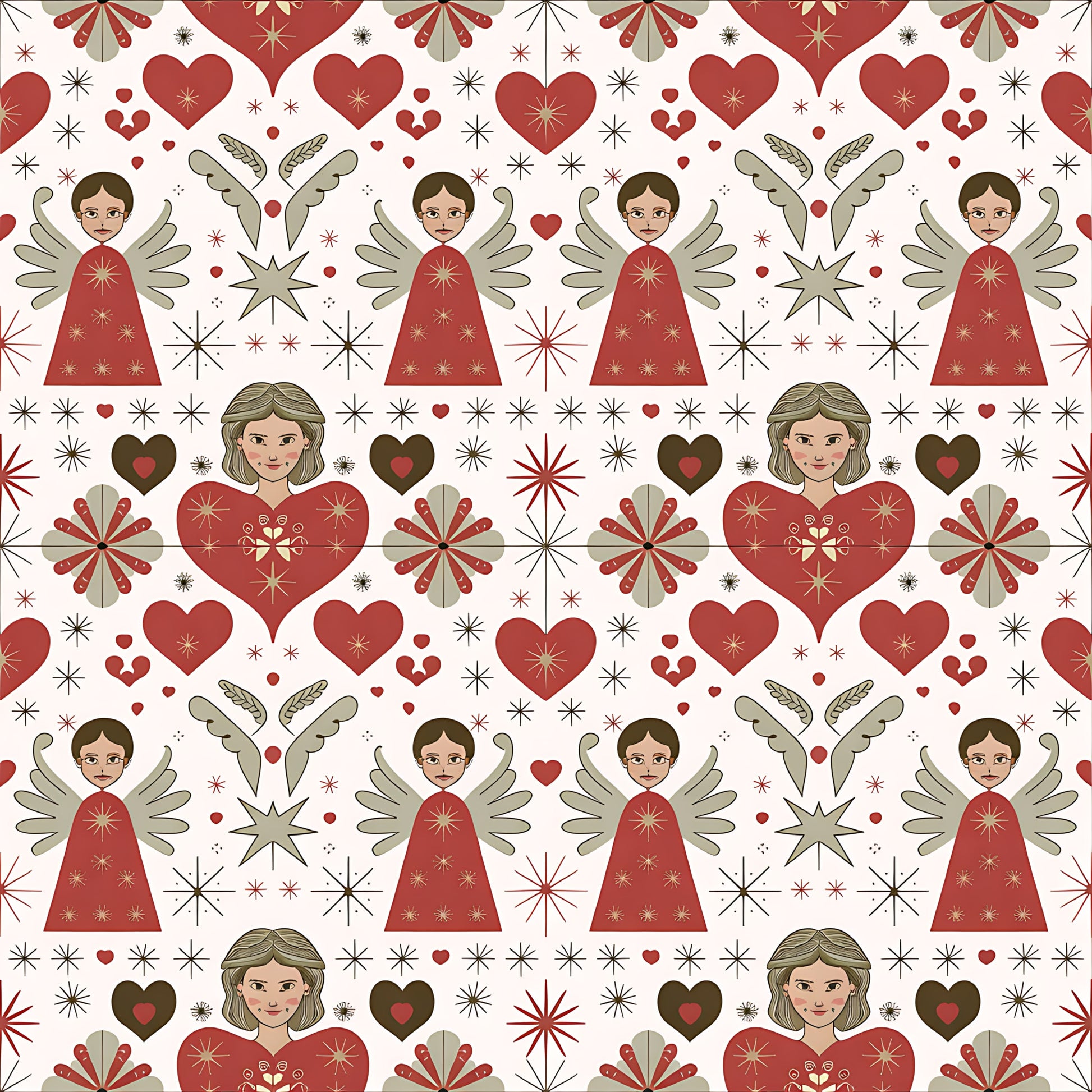 red, cream, beige, angels, hearts, stars, snowflakes, folk art, scandinavian, christmas, quilting cotton, fabric panel, geometric motifs, winged figures, starburst patterns, holiday theme, repeating pattern, festive design, winter motifs, decorative elements