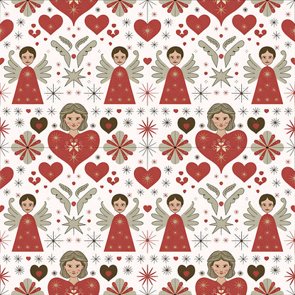 red, cream, beige, angels, hearts, stars, snowflakes, folk art, scandinavian, christmas, quilting cotton, fabric panel, geometric motifs, winged figures, starburst patterns, holiday theme, repeating pattern, festive design, winter motifs, decorative elements
