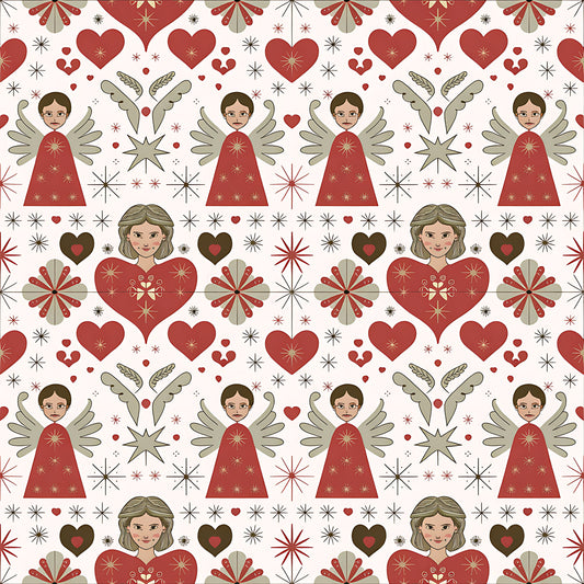 red, cream, beige, angels, hearts, stars, snowflakes, folk art, scandinavian, christmas, quilting cotton, fabric panel, geometric motifs, winged figures, starburst patterns, holiday theme, repeating pattern, festive design, winter motifs, decorative elements