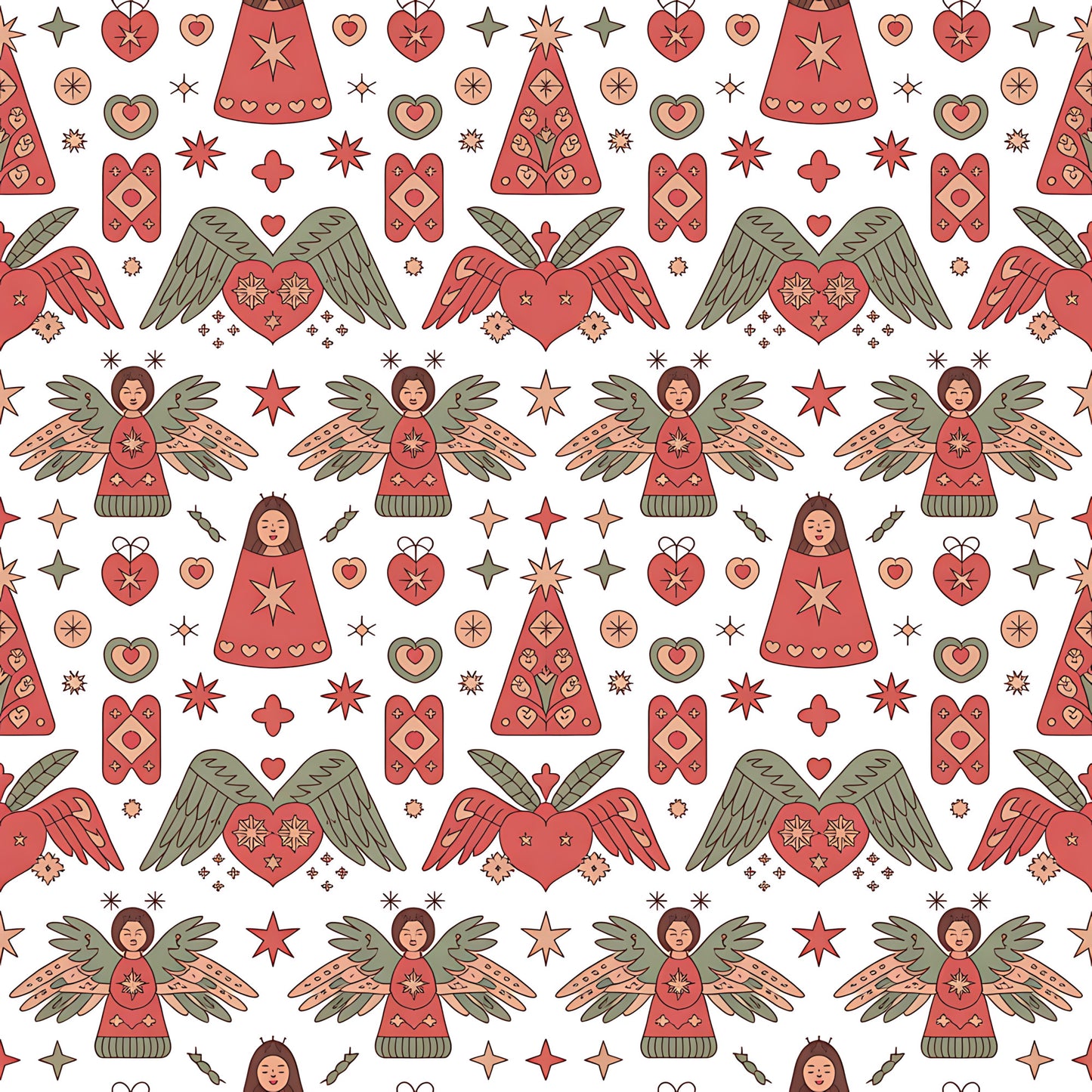 coral red, sage green, cream background, scandinavian folk, christmas angels, winged hearts, decorative stars, geometric patterns, quilting cotton, fabric panel, holiday motifs, folk art style, repeating pattern, festive design, winter theme, nordic inspired, ornamental hearts, stylized figures, seasonal fabric, craft cotton