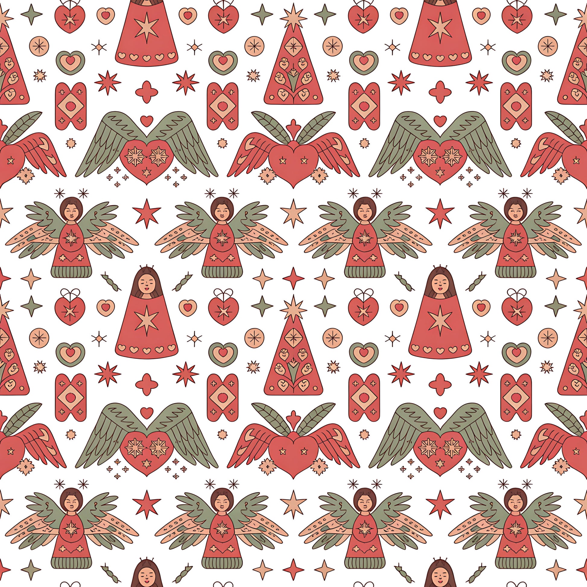 coral red, sage green, cream background, scandinavian folk, christmas angels, winged hearts, decorative stars, geometric patterns, quilting cotton, fabric panel, holiday motifs, folk art style, repeating pattern, festive design, winter theme, nordic inspired, ornamental hearts, stylized figures, seasonal fabric, craft cotton