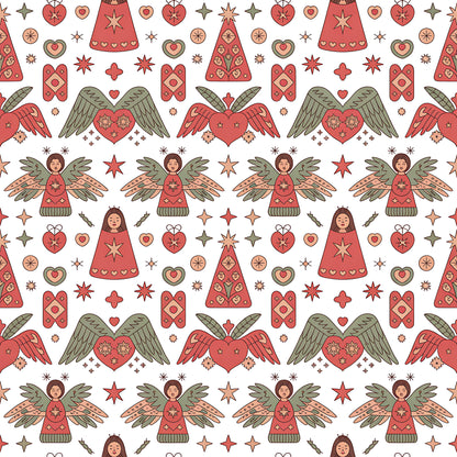 coral red, sage green, cream background, scandinavian folk, christmas angels, winged hearts, decorative stars, geometric patterns, quilting cotton, fabric panel, holiday motifs, folk art style, repeating pattern, festive design, winter theme, nordic inspired, ornamental hearts, stylized figures, seasonal fabric, craft cotton