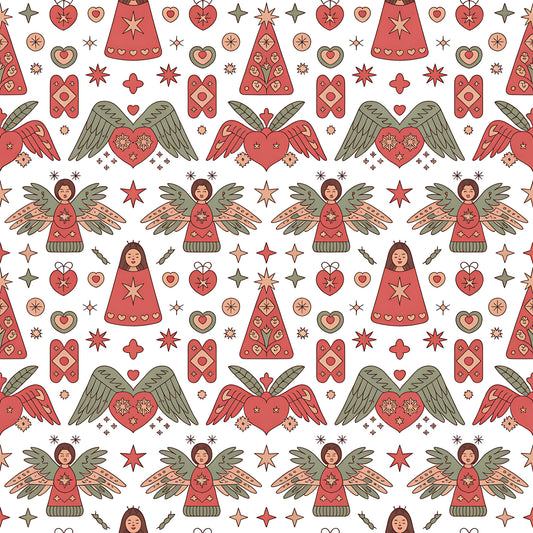 coral red, sage green, cream background, scandinavian folk, christmas angels, winged hearts, decorative stars, geometric patterns, quilting cotton, fabric panel, holiday motifs, folk art style, repeating pattern, festive design, winter theme, nordic inspired, ornamental hearts, stylized figures, seasonal fabric, craft cotton