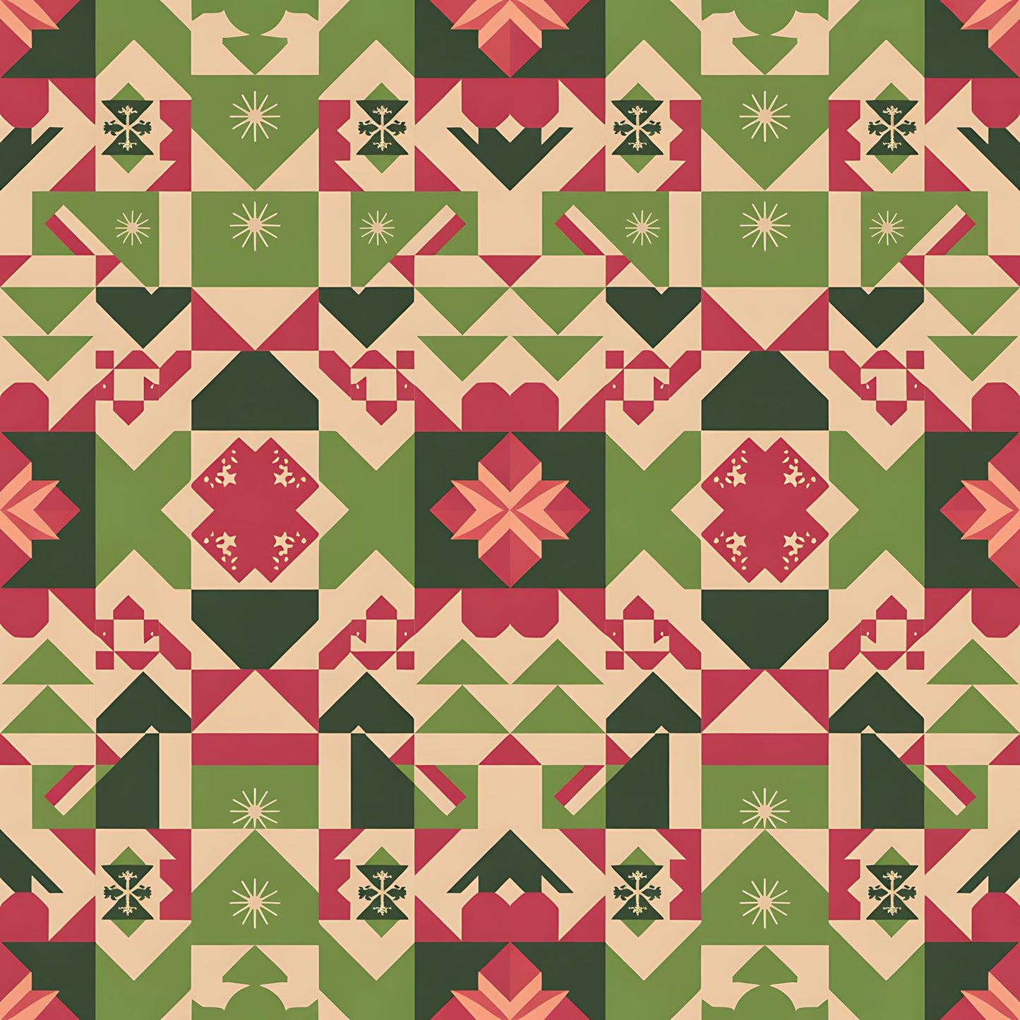 scandinavian folk, christmas pattern, quilting cotton, fabric panel, geometric blocks, red green beige, holiday motifs, star patterns, diamond shapes, triangular designs, winter theme, festive colors, patchwork style, quilt blocks, nordic inspired, seasonal fabric, folk art, holiday quilting, geometric piecing, christmas crafting