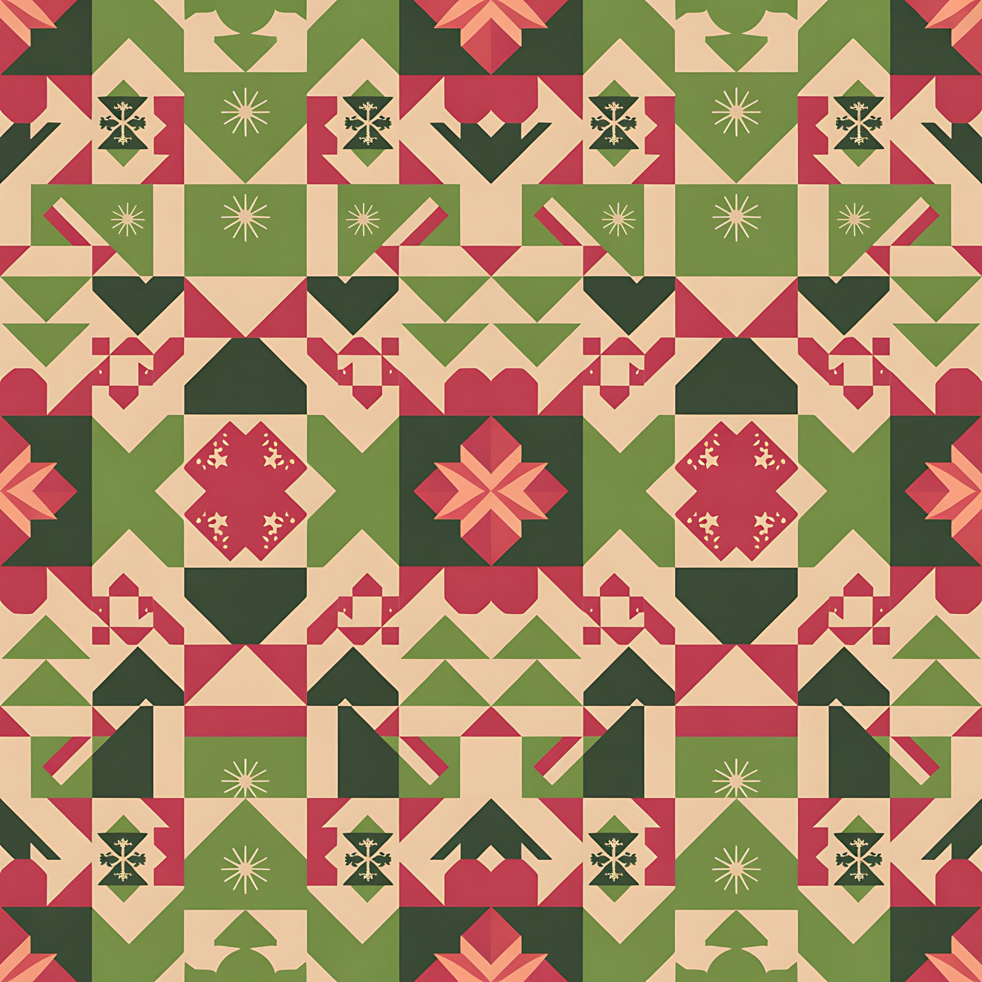 scandinavian folk, christmas pattern, quilting cotton, fabric panel, geometric blocks, red green beige, holiday motifs, star patterns, diamond shapes, triangular designs, winter theme, festive colors, patchwork style, quilt blocks, nordic inspired, seasonal fabric, folk art, holiday quilting, geometric piecing, christmas crafting