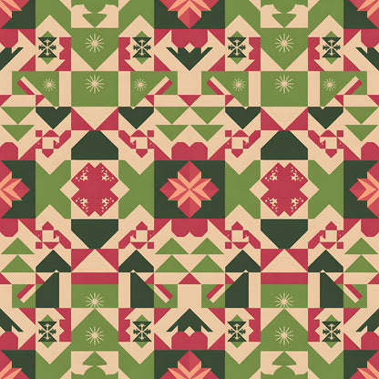 scandinavian folk, christmas pattern, quilting cotton, fabric panel, geometric blocks, red green beige, holiday motifs, star patterns, diamond shapes, triangular designs, winter theme, festive colors, patchwork style, quilt blocks, nordic inspired, seasonal fabric, folk art, holiday quilting, geometric piecing, christmas crafting