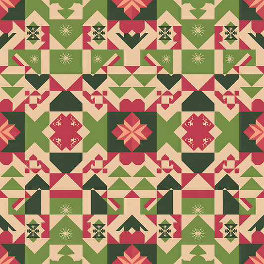 scandinavian folk, christmas pattern, quilting cotton, fabric panel, geometric blocks, red green beige, holiday motifs, star patterns, diamond shapes, triangular designs, winter theme, festive colors, patchwork style, quilt blocks, nordic inspired, seasonal fabric, folk art, holiday quilting, geometric piecing, christmas crafting