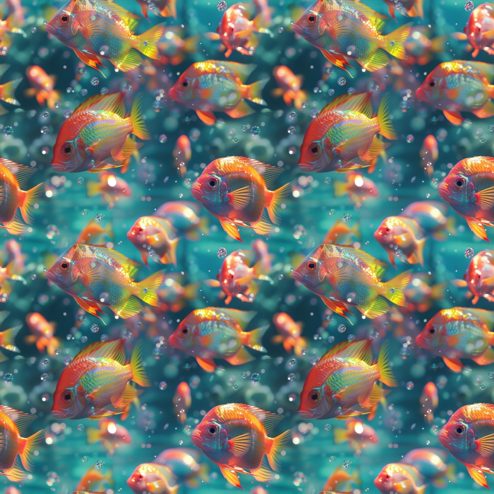 Colorful fish swim in a vibrant, turquoise underwater scene, surrounded by bubbles and aquatic plants.