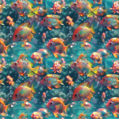 Colorful fish swim in a vibrant, turquoise underwater scene, surrounded by bubbles and aquatic plants.