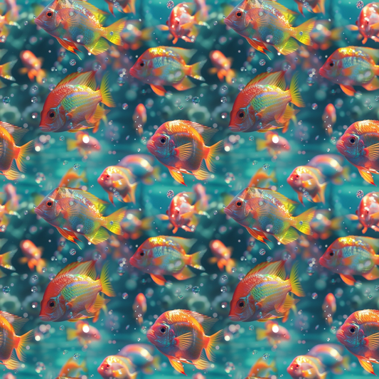 Colorful fish swim in a vibrant, turquoise underwater scene, surrounded by bubbles and aquatic plants.