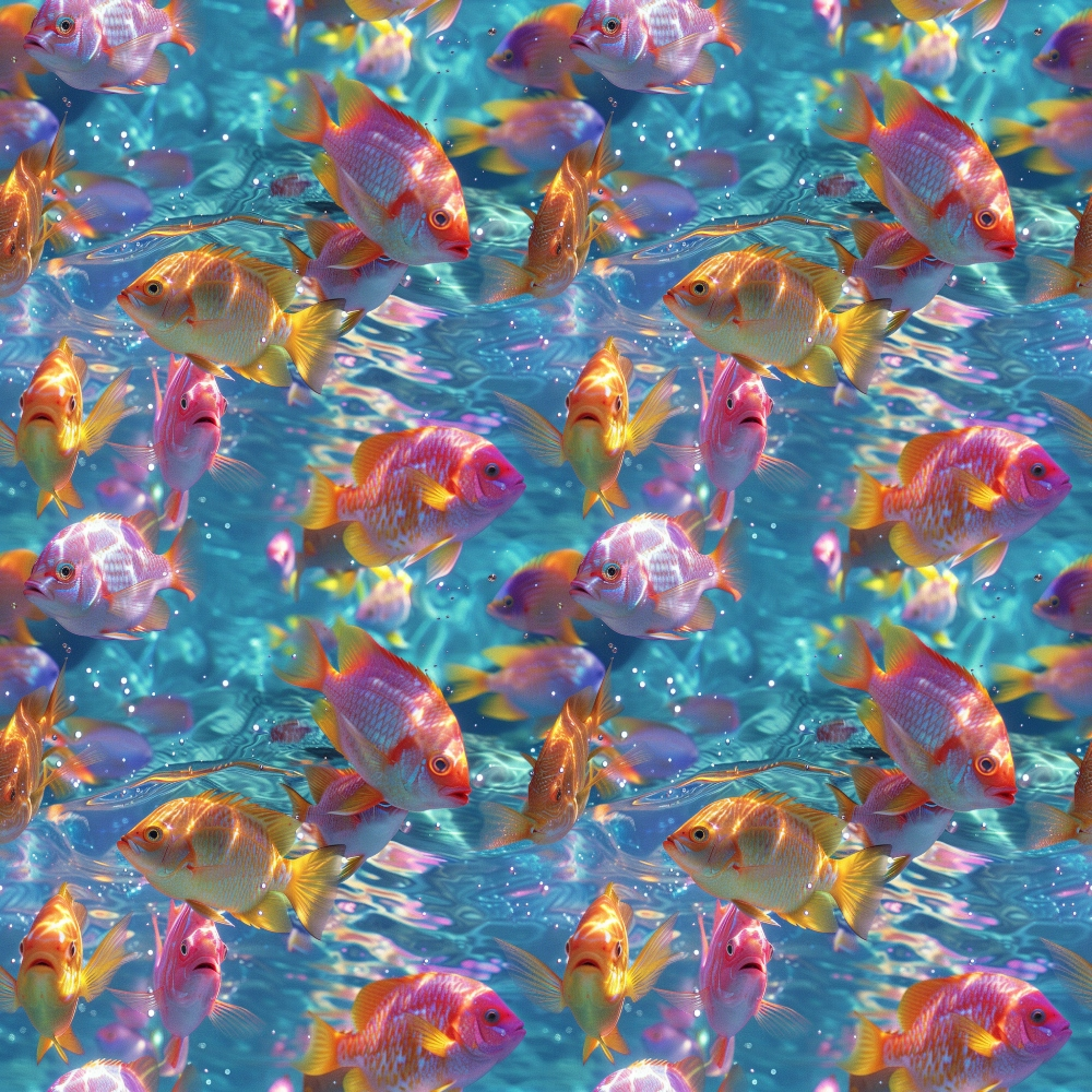 Colorful tropical fish swim in clear blue water, creating a vibrant underwater scene.