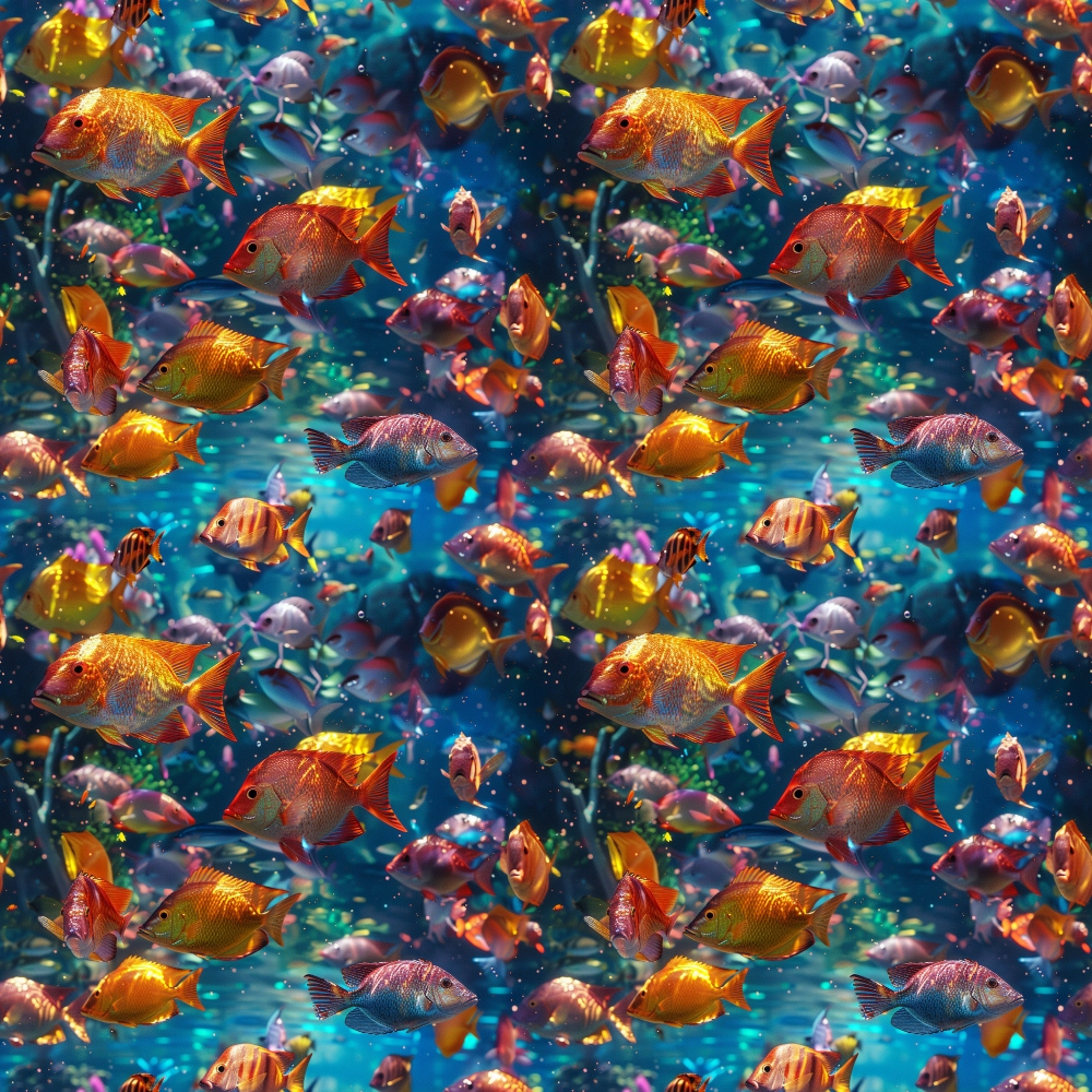 Colorful fish swimming in a vibrant underwater scene with coral and plants in the background.