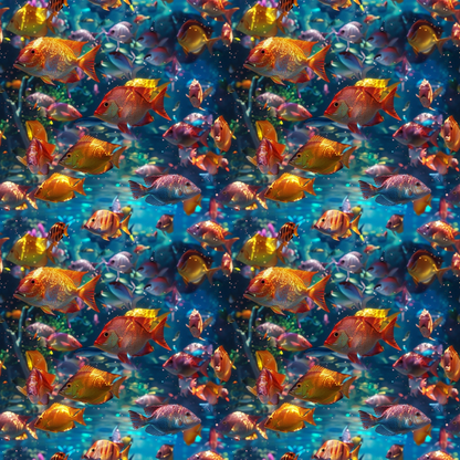 Colorful fish swimming in a vibrant underwater scene with coral and plants in the background.