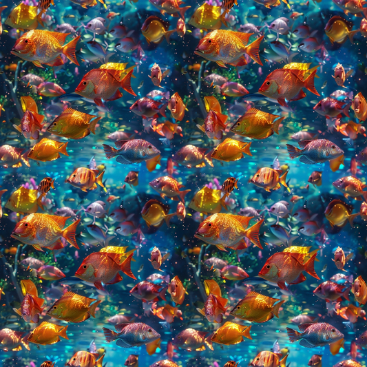 Colorful fish swimming in a vibrant underwater scene with coral and plants in the background.