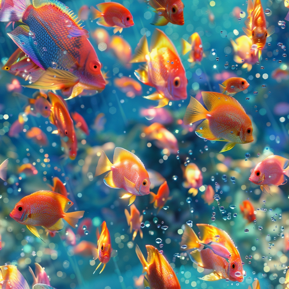 Vibrant orange and yellow fish swimming underwater, surrounded by bubbles against a blurred blue background.