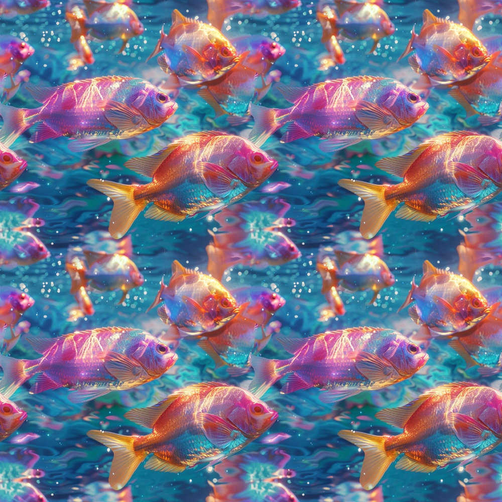 Colorful fish swimming in a vibrant, multicolored underwater scene with bubbles and coral.