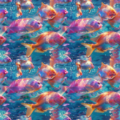 Colorful fish swimming in a vibrant, multicolored underwater scene with bubbles and coral.