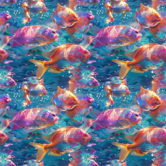 Colorful fish swimming in a vibrant, multicolored underwater scene with bubbles and coral.