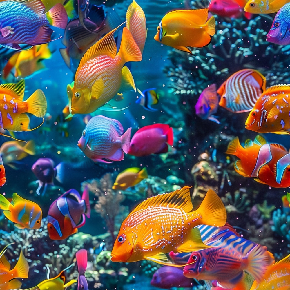 Colorful tropical fish swim among coral in a vibrant underwater scene.