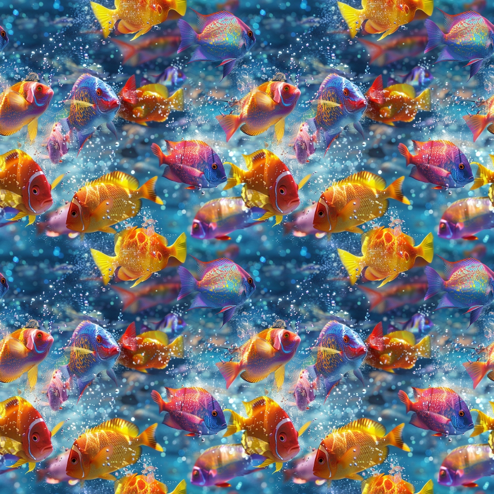 Colorful tropical fish swimming in a vibrant underwater scene with bubbles.