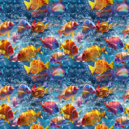 Colorful tropical fish swimming in a vibrant underwater scene with bubbles.