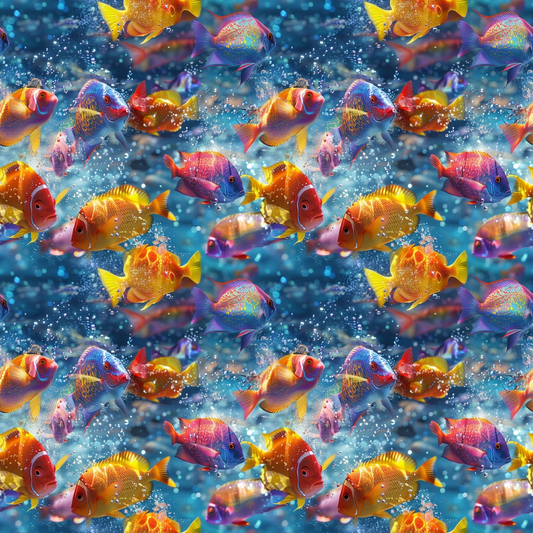 Colorful tropical fish swimming in a vibrant underwater scene with bubbles.