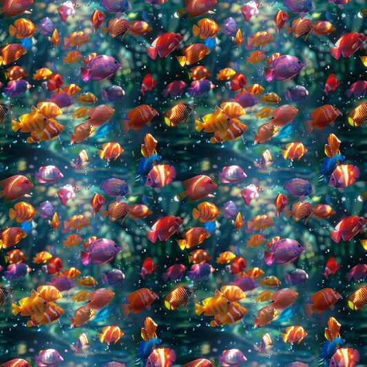 Vibrant fish swim in a colorful underwater scene with light filtering through water, surrounded by bubbles.