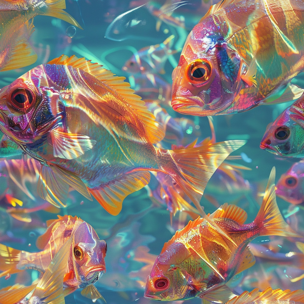 A vibrant underwater scene with colorful, iridescent fish swimming through clear blue water.