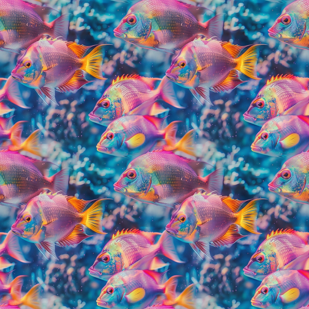 Pattern of colorful, stylized fish with vibrant hues of pink, orange, and purple, set against a blue background with bubbles.