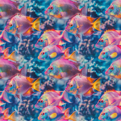 Pattern of colorful, stylized fish with vibrant hues of pink, orange, and purple, set against a blue background with bubbles.