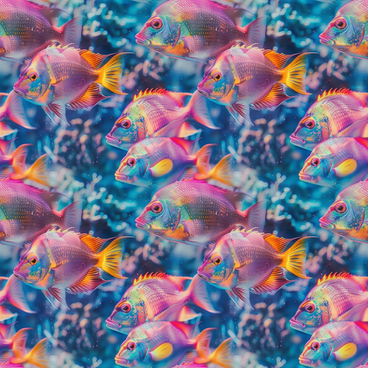 Pattern of colorful, stylized fish with vibrant hues of pink, orange, and purple, set against a blue background with bubbles.