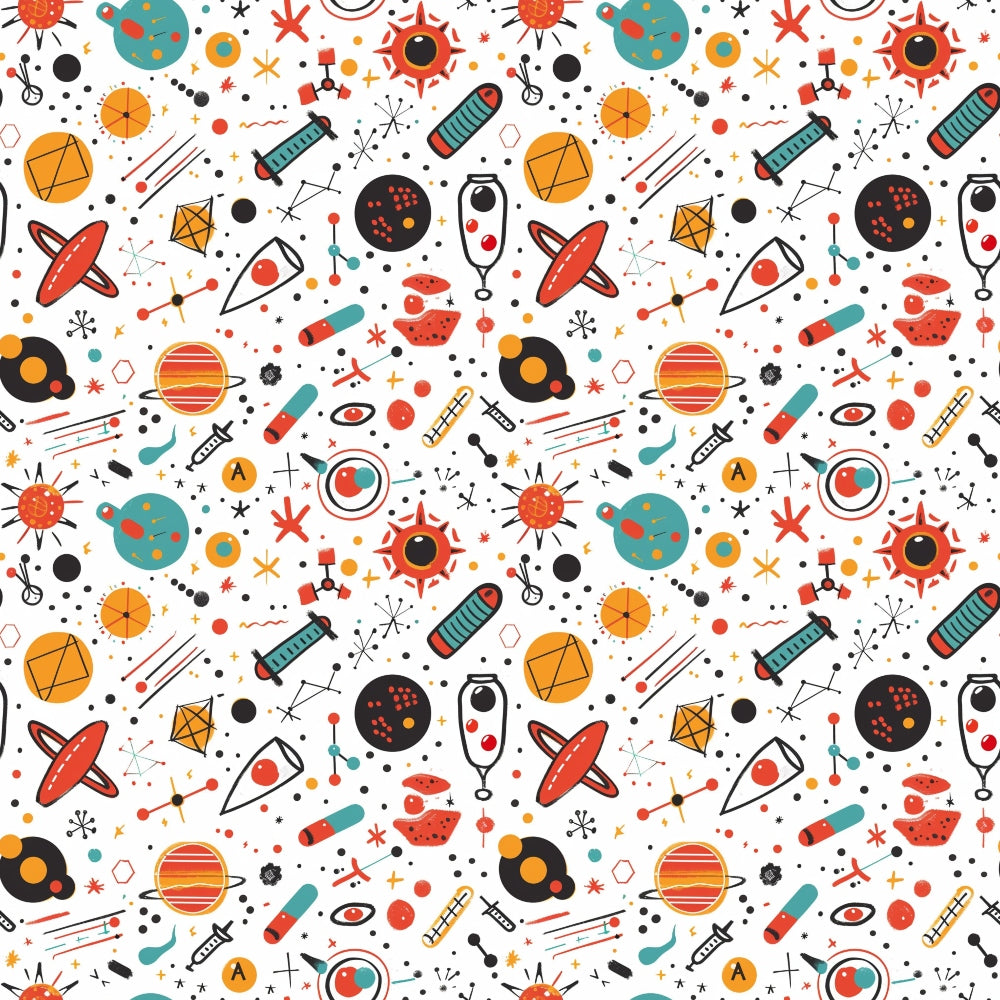 Seamless pattern with colorful science symbols, including telescopes, planets, rockets, and atoms on a white background.