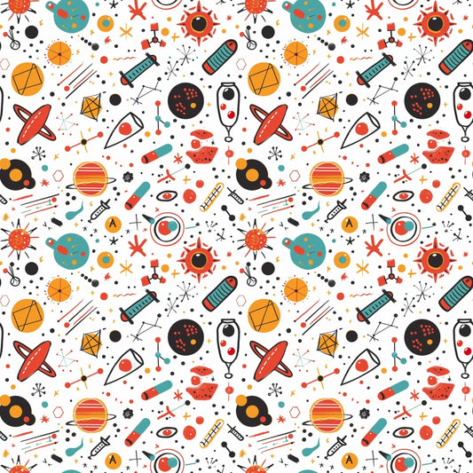 Seamless pattern with colorful science symbols, including telescopes, planets, rockets, and atoms on a white background.