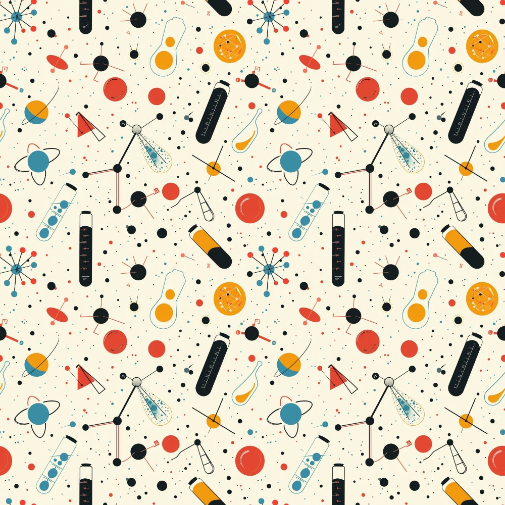 Seamless pattern featuring colorful scientific icons, including test tubes, atoms, telescopes, and planets, scattered on a light background.