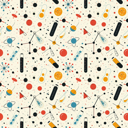 Seamless pattern featuring colorful scientific icons, including test tubes, atoms, telescopes, and planets, scattered on a light background.