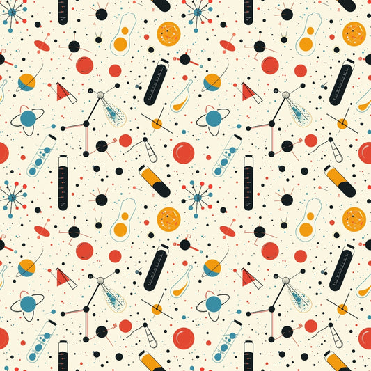 Seamless pattern featuring colorful scientific icons, including test tubes, atoms, telescopes, and planets, scattered on a light background.