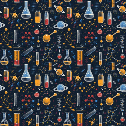 Seamless pattern of science-themed illustrations, including flasks, planets, molecules, test tubes, and geometric shapes on a dark background.