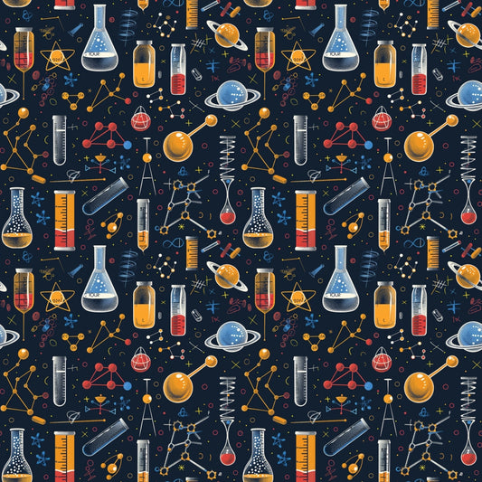 Seamless pattern of science-themed illustrations, including flasks, planets, molecules, test tubes, and geometric shapes on a dark background.