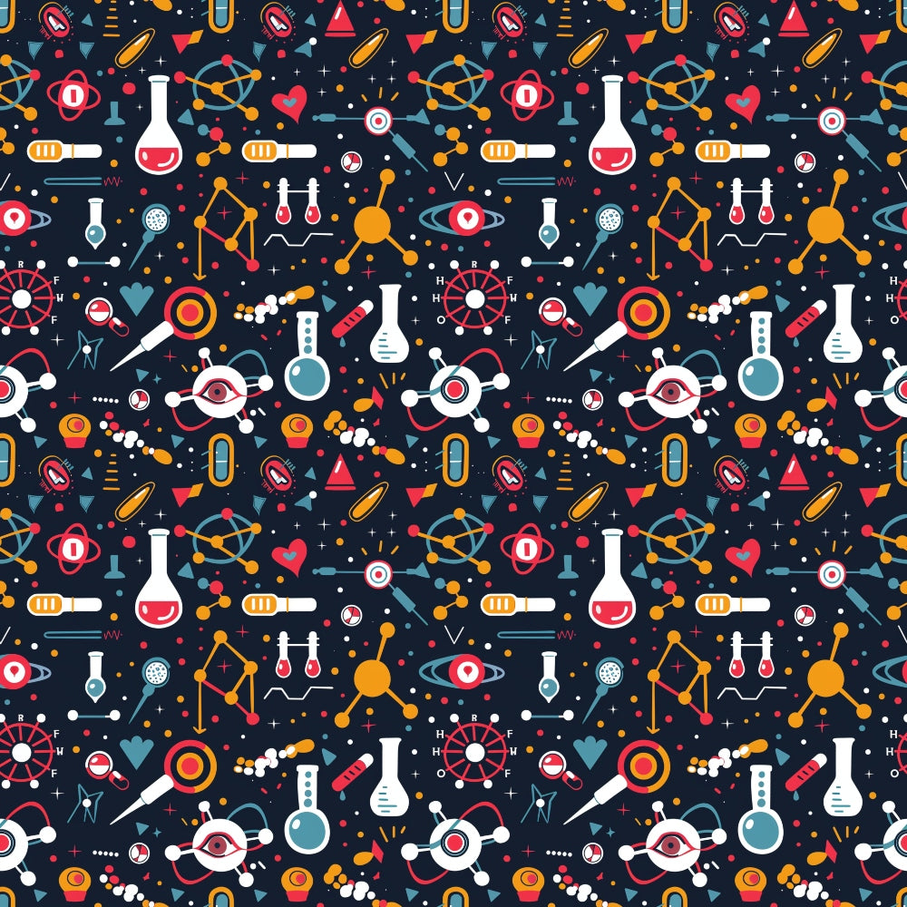 Seamless pattern with science-themed icons including flasks, atoms, DNA strands, and laboratory equipment on a dark background.